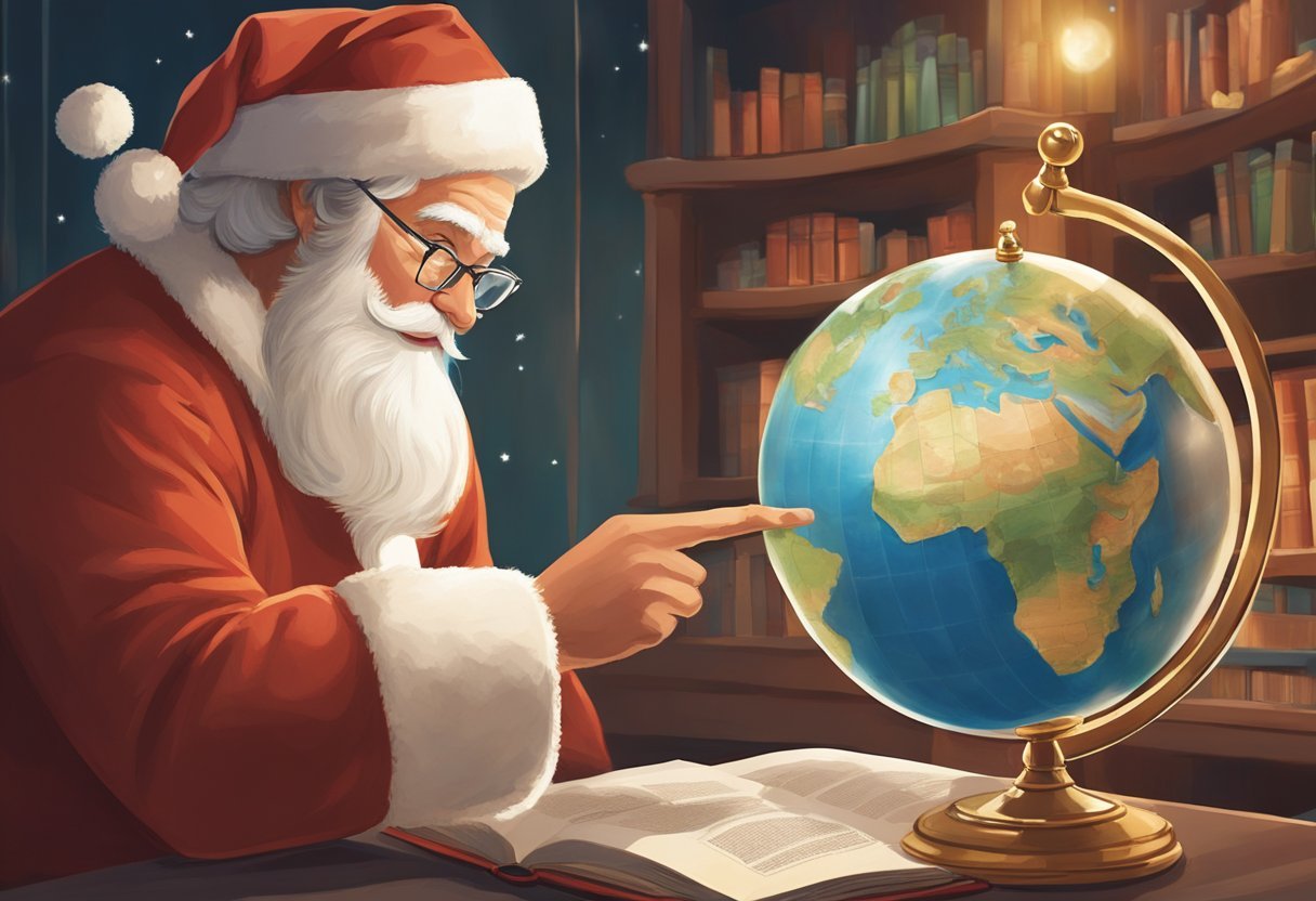 Santa in an office pointing with his finger at a globe