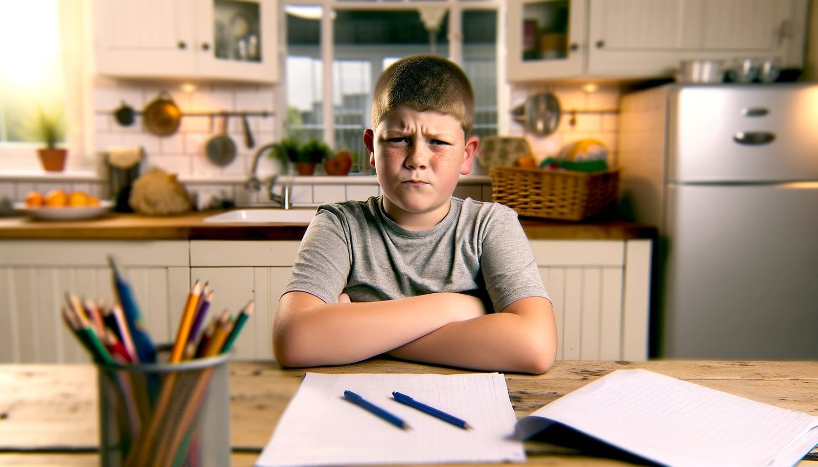 A 10-year-old boy sitting at the kitchen table refusing to do his schoolwork.
