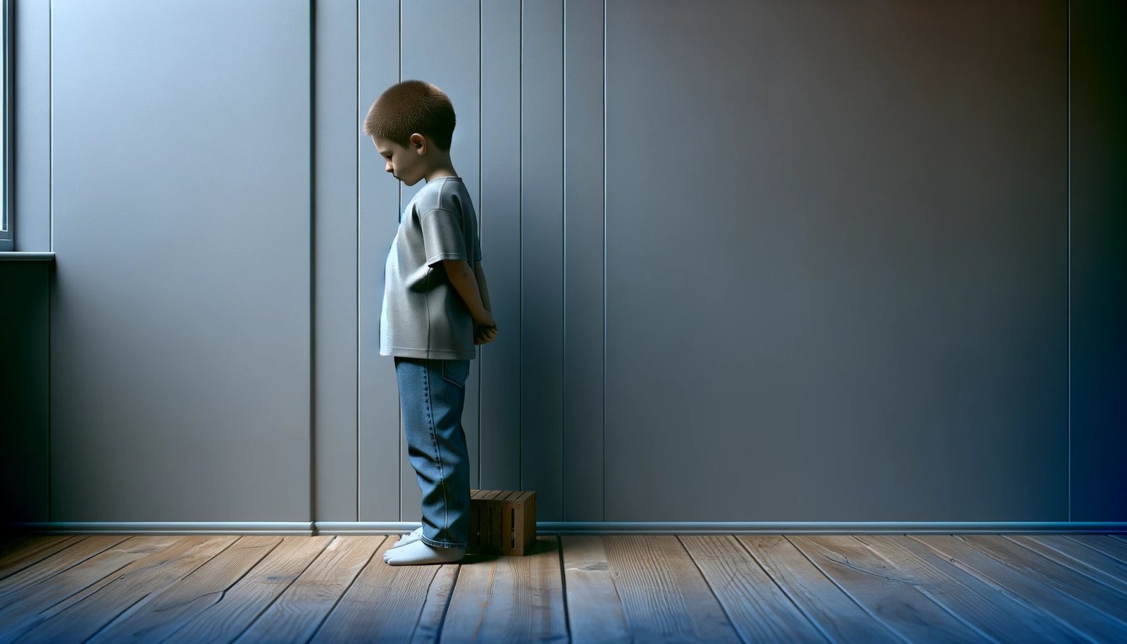 A young boy standing in a timeout corner of a dimly lit room.