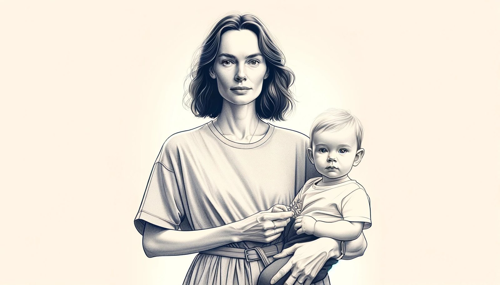 A confident woman wearing a plain dress holding her child.