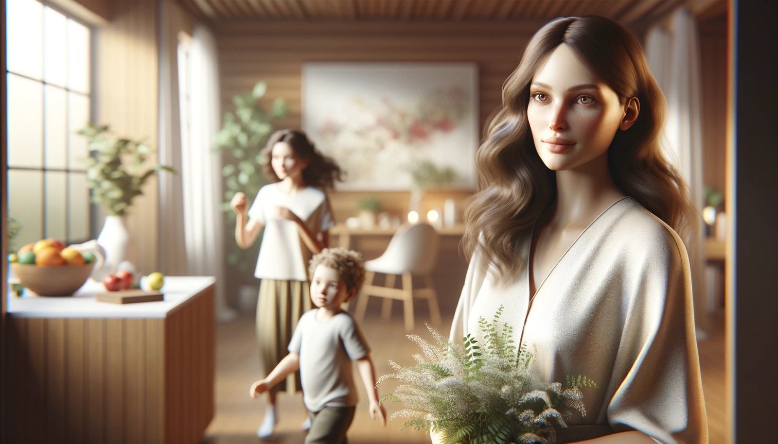 A feminine woman holding a small bouquet with two children visible in the background.