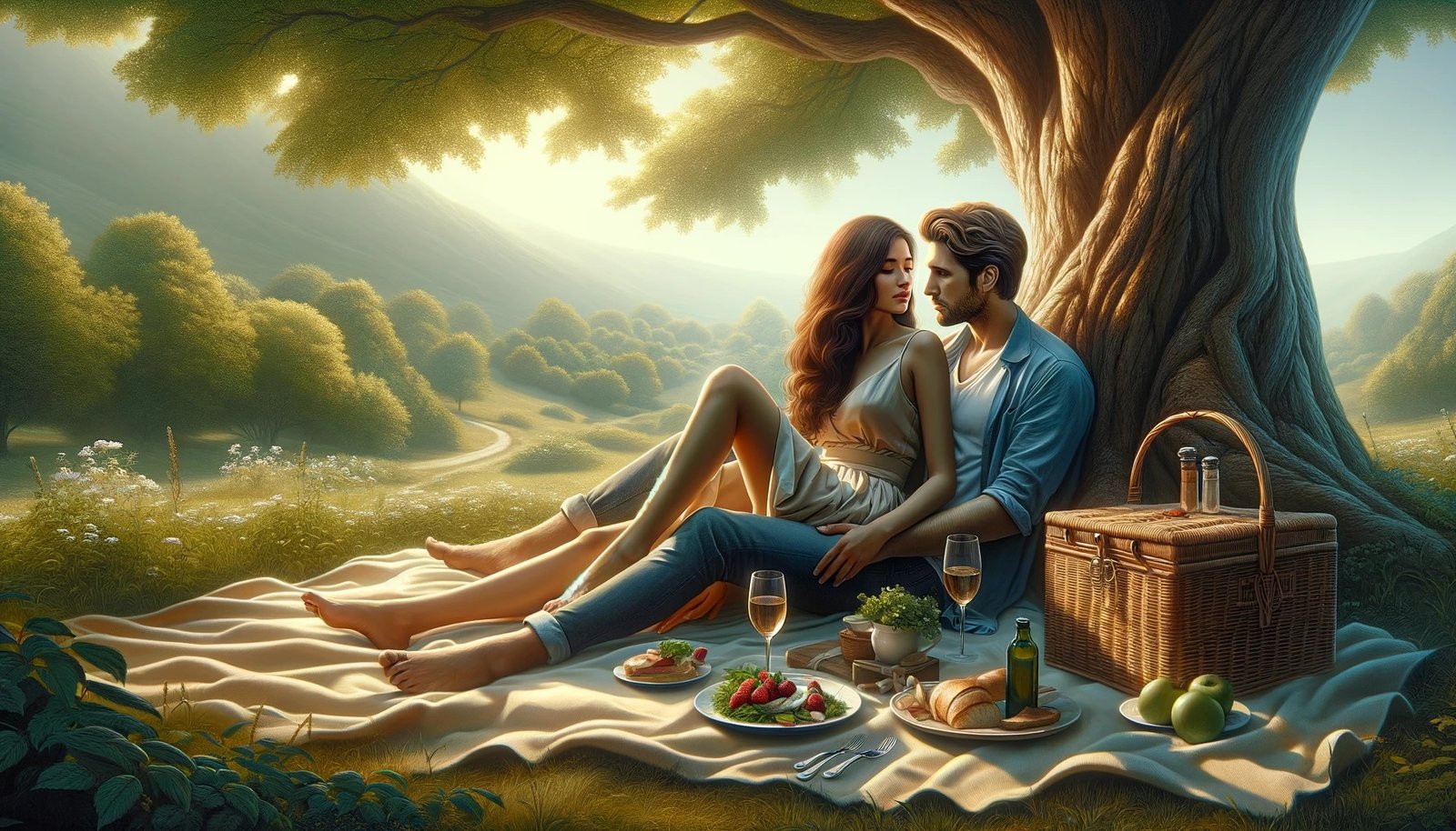 A man and woman sharing a romantic picnic lunch under the shade of a tree on a summer day.