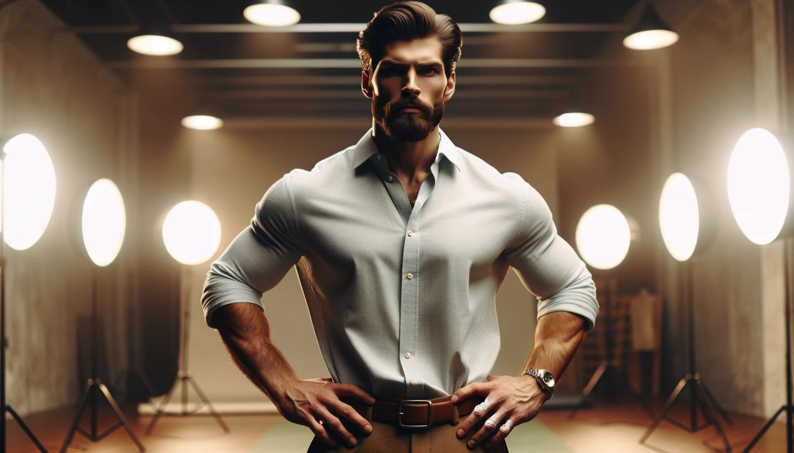 A man portraying masculinity with rugged looks and bulging muscles.