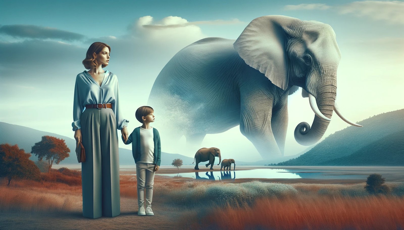 A modern woman standing with her child with elephants in the background.