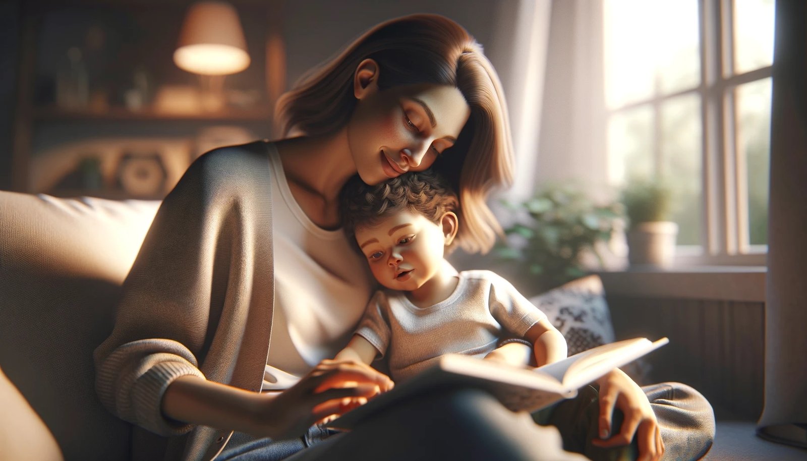 A mother snuggling and bonding with a child while reading a story together.