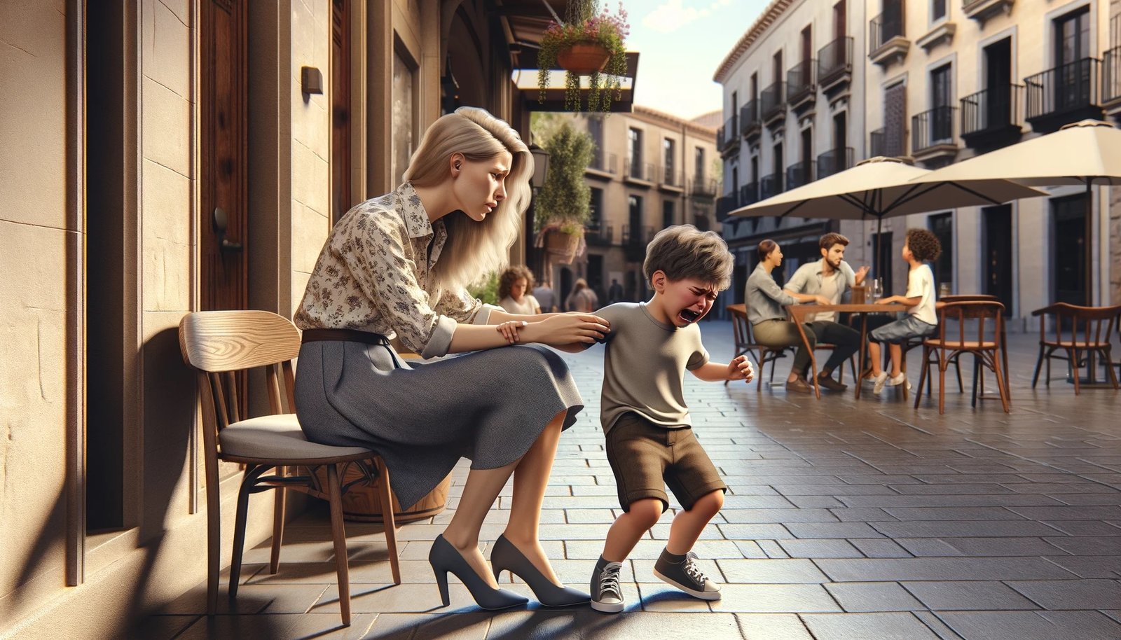 A mother dealing with her misbehaving young son at an outdoor cafe.