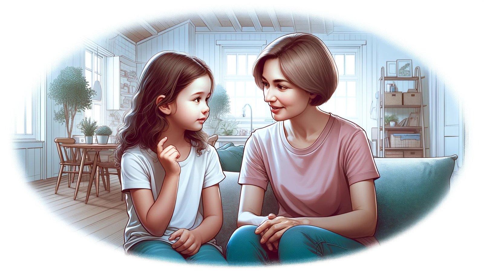 A mother speaking calmly to her young daughter as they sit on the couch.