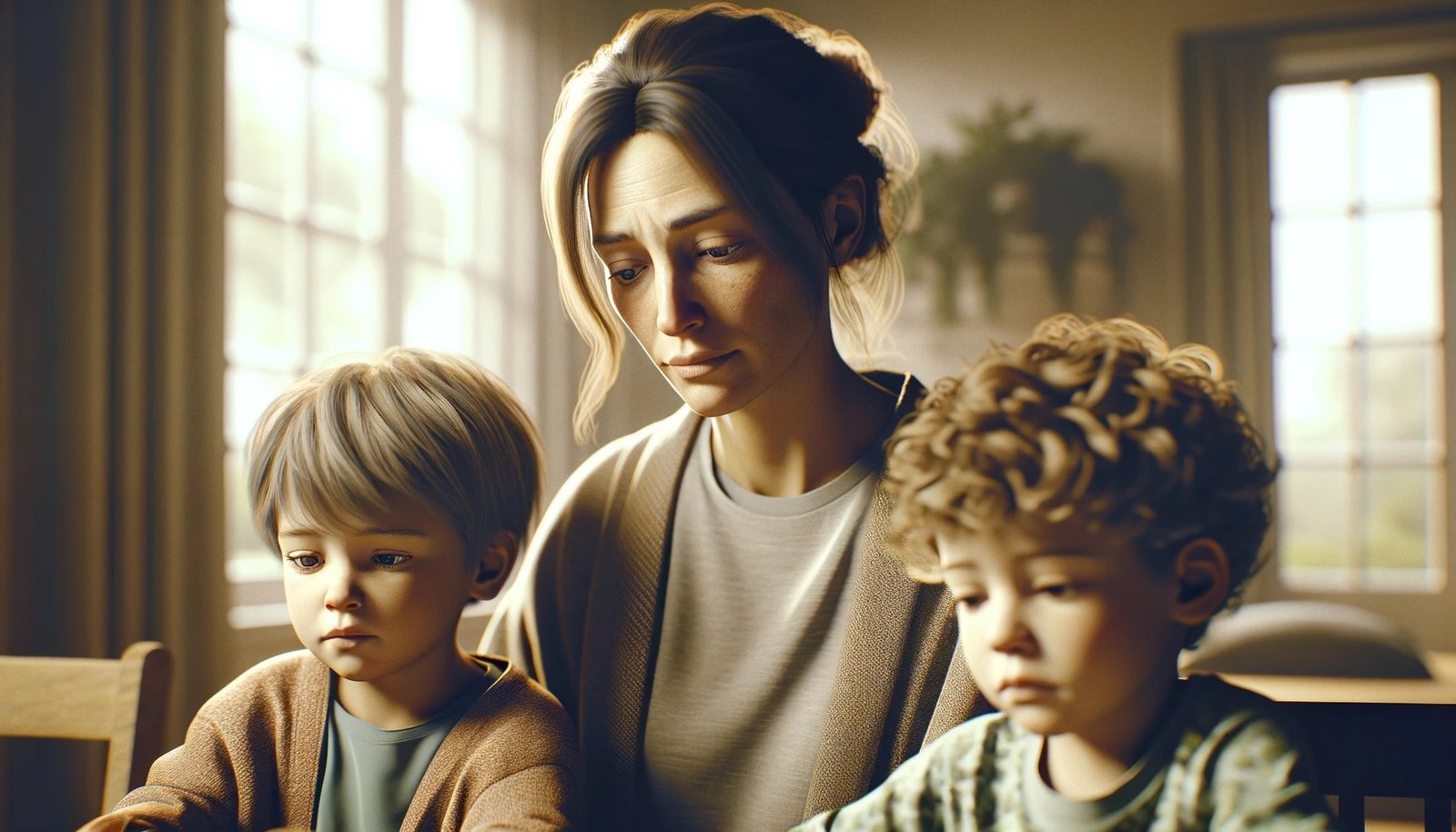 A sad, depressed woman holding her two small children close.