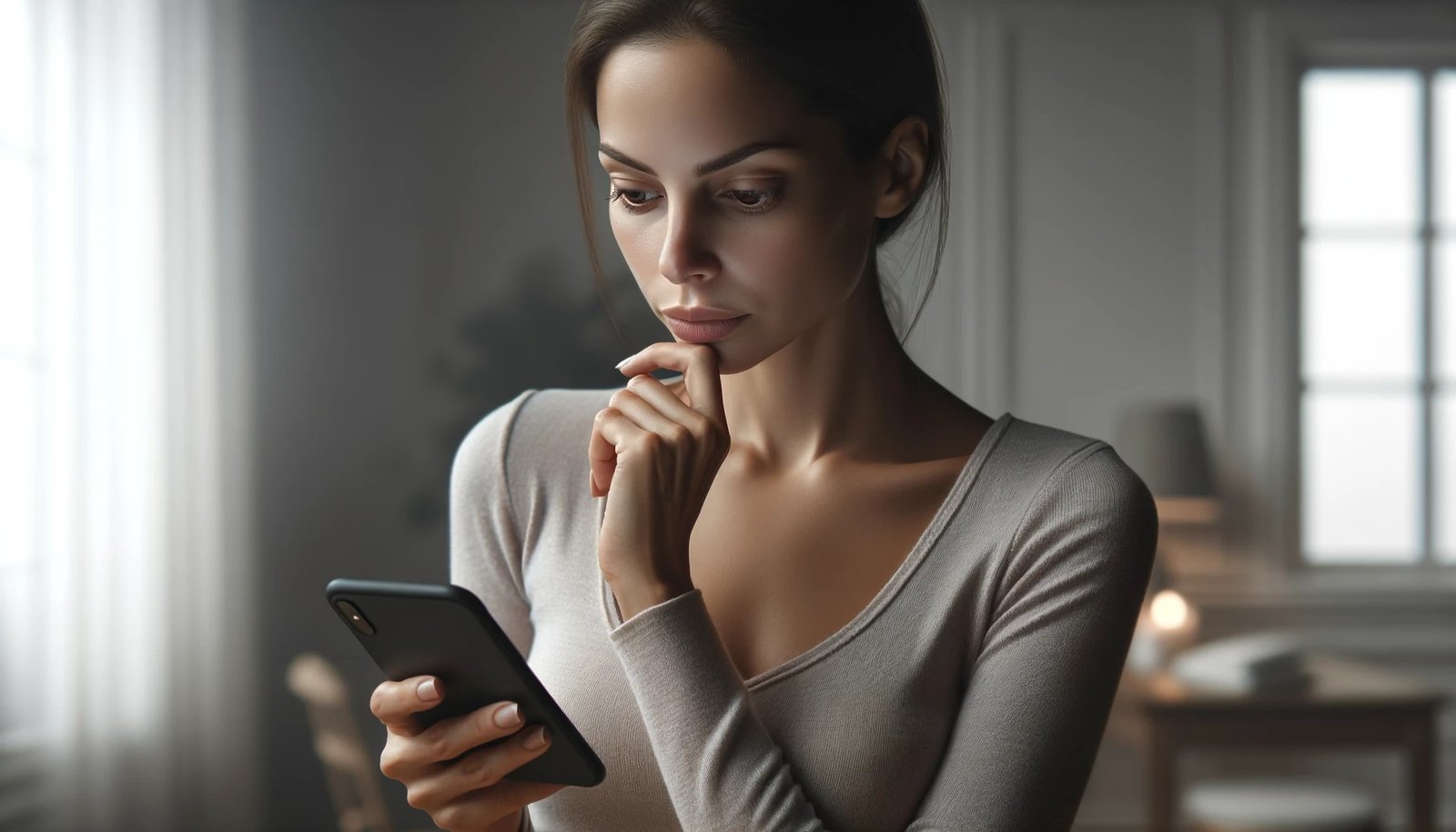 A woman gazing with indecision at her smartphone.