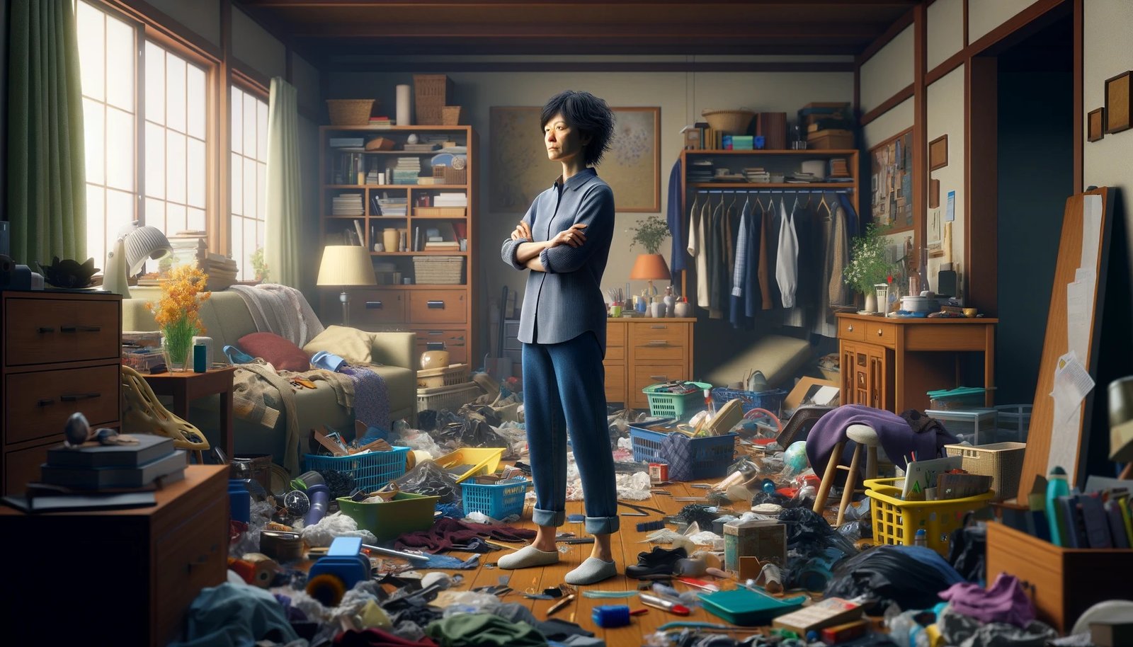 A woman standing in the middle of a room surrounded by mess and clutter.