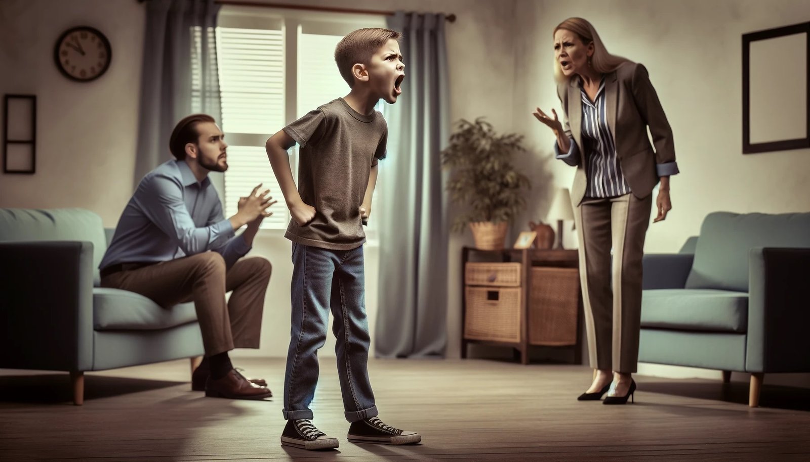 A young boy shouting defiantly at his parents while standing in the living room.