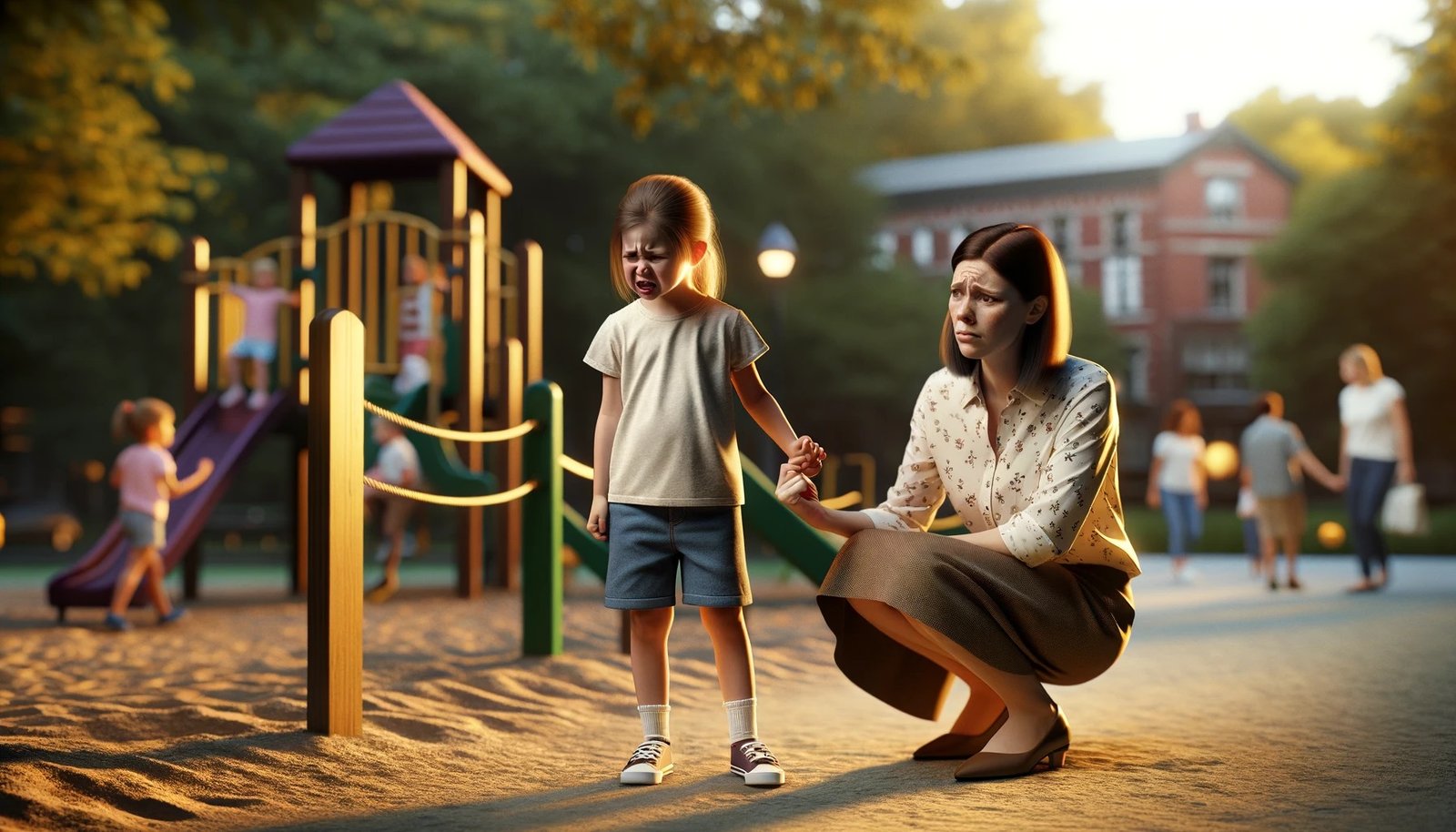 A young mother with her misbehaving young daughter at a playground.