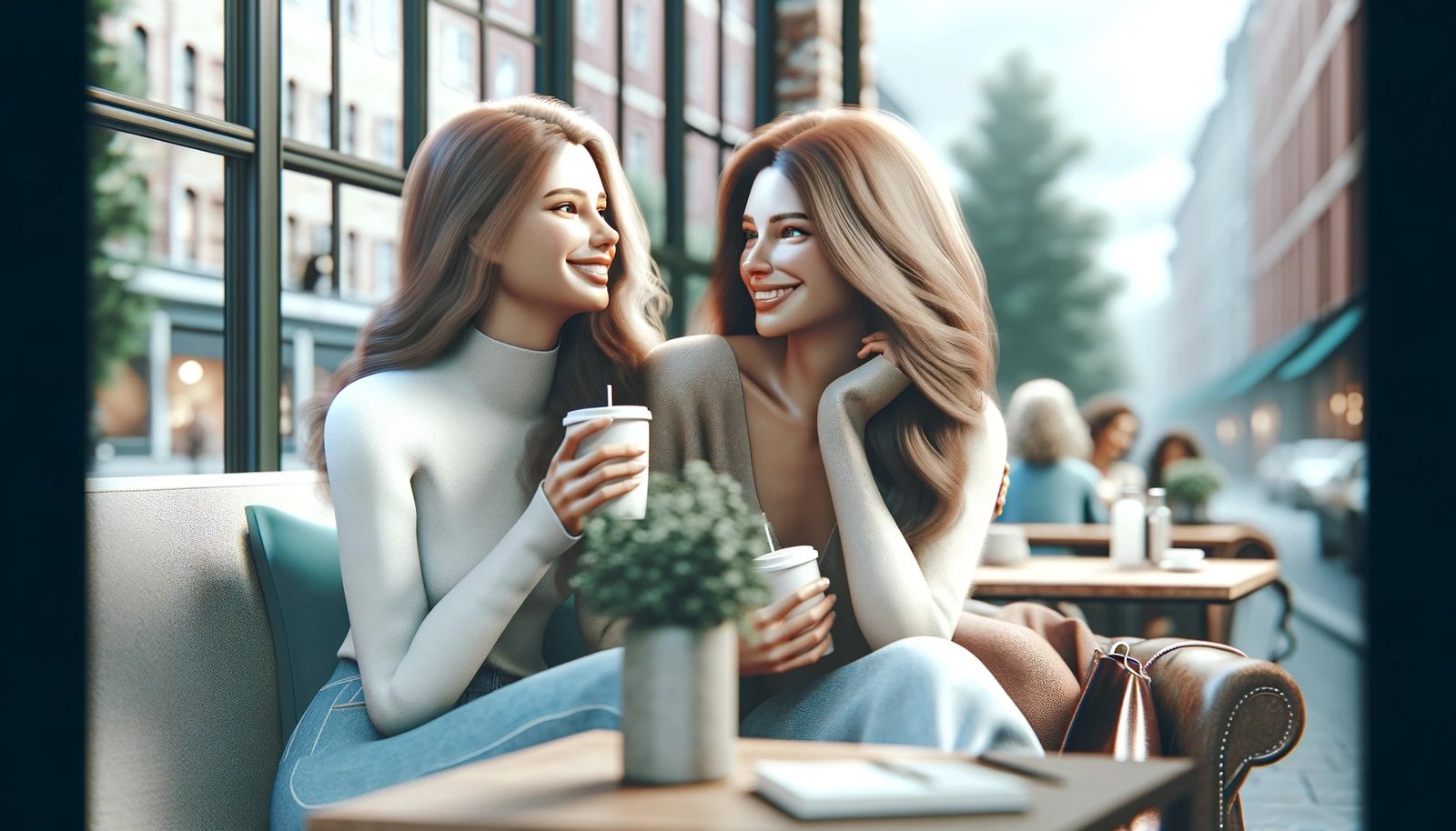 Two female friends enjoying drinks and conversation at an outdoor cafe.