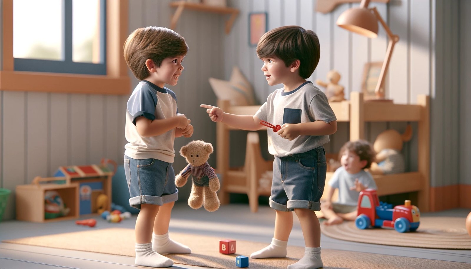 Two young brothers having an argument over a teddy bear.