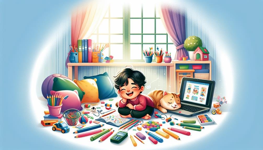 A cartoon image showing a young boy happily doing his homework on the floor.