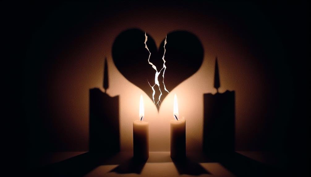 Two candles casting shadows and a broken heart on a dark background.