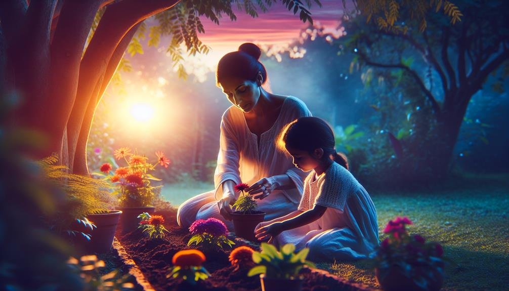A mother and daughter working in the garden at sunset.