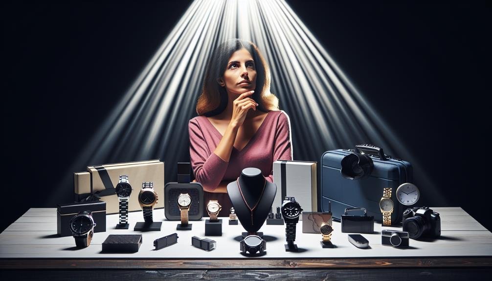 A woman standing before an array of small gifts for men trying to decide which to choose.