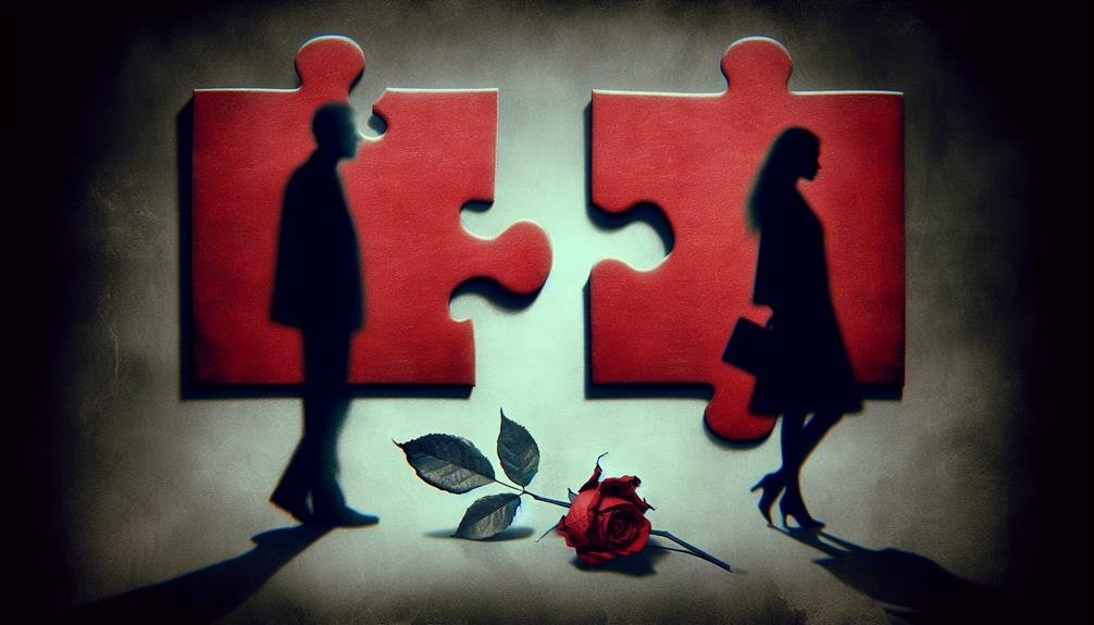 A woman walking away from a man with two puzzle pieces and a dropped rose in the background.