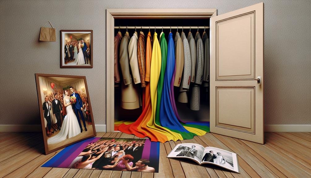 Closet with a rainbow of clothes hanging in it.