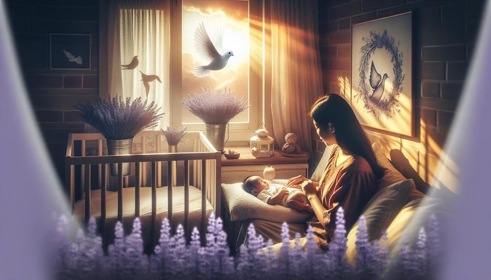 A young mother rocking her infant in a calm and peaceful room.