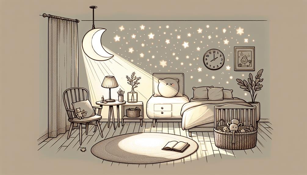 A cartoon rendering of a toddler's room at nighttime.