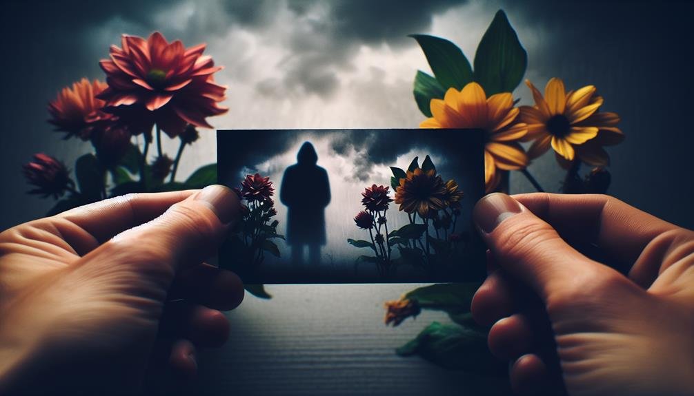 Female hands holding image of hooded man against a dreary background.