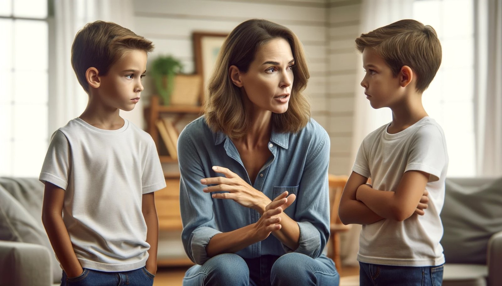 A mother speaking firmly to her two young sons after they've argued.