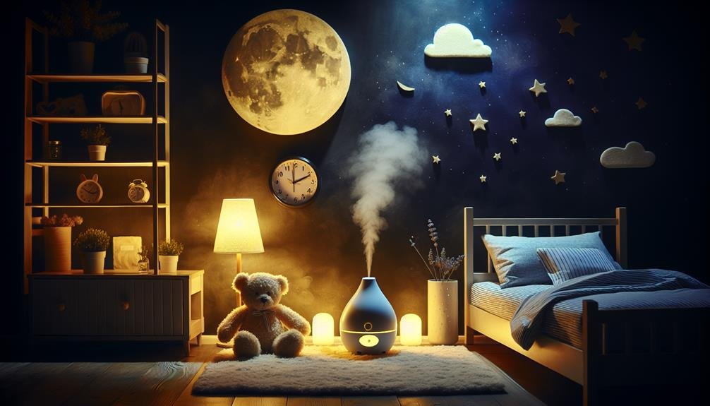 A peaceful child's room at night filled with calming elements.