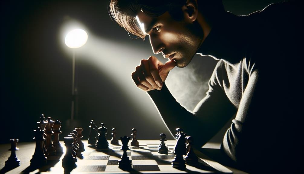 A narcissist studying a chess board in a dark room.