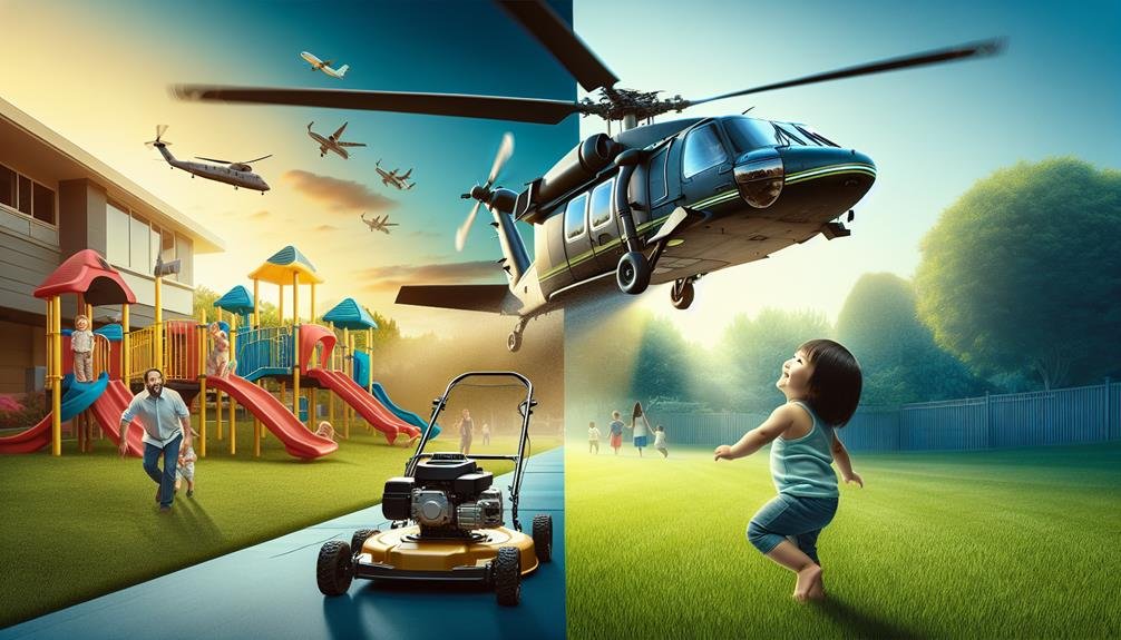 A lawnmower on a path in a playground and a helicopter hovering over a young child.