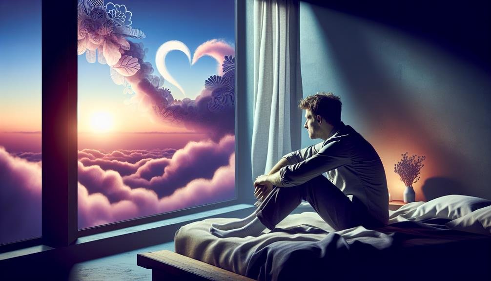 A man in bed staring out window at surreal clouds.