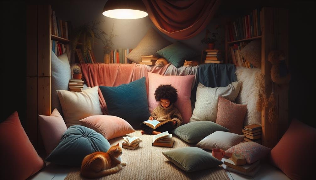 A young child cuddled up in a reading nook enjoying a good book.