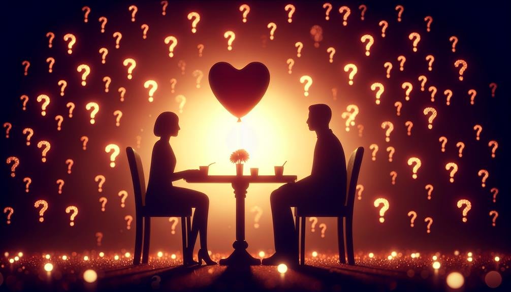 A couple seated at a table with question marks in the air.