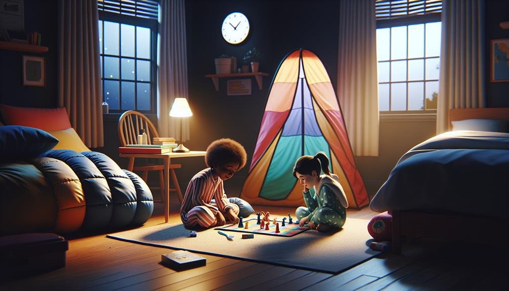 Two little girls playing a board game during a sleepover.