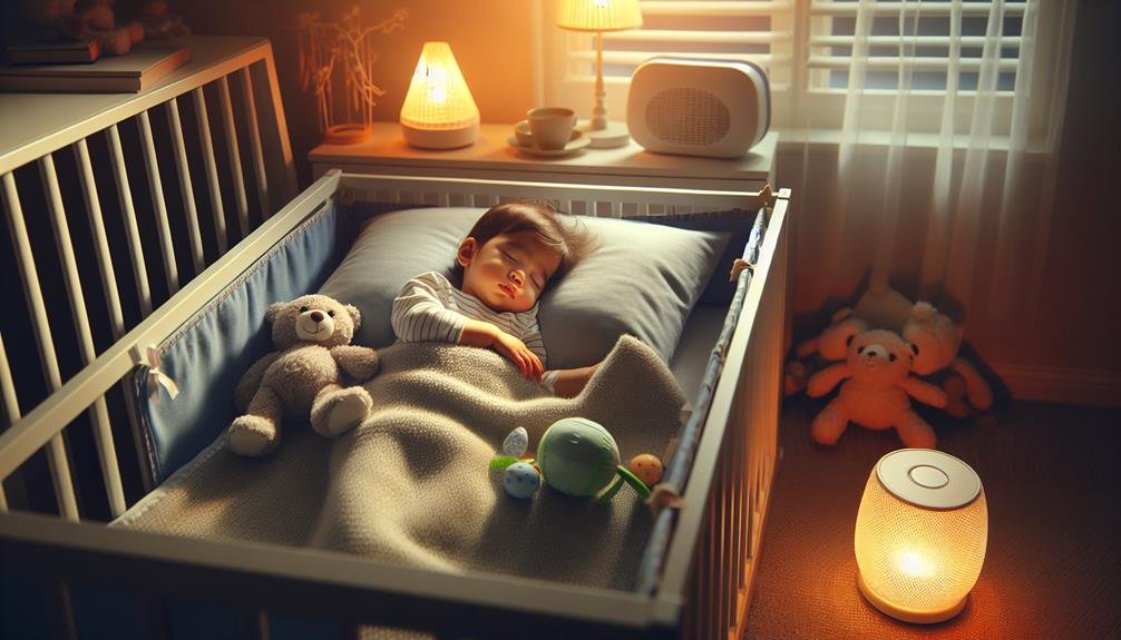 A little boy asleep in his crib with two nightlights.