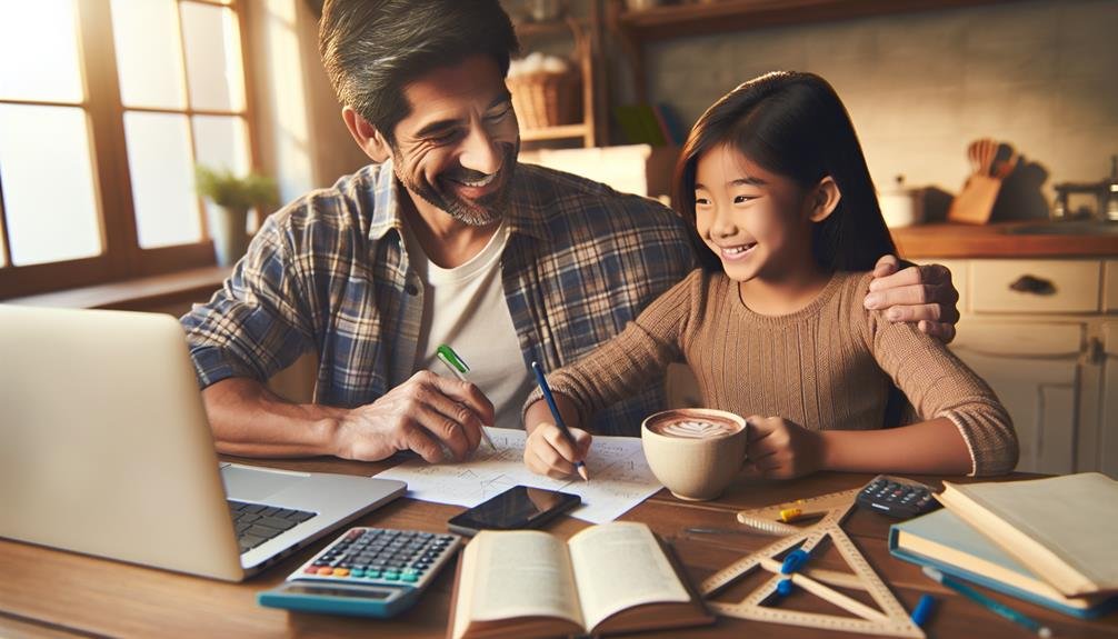 A father helping his daughter with her homework as she drinks hot chocolate.