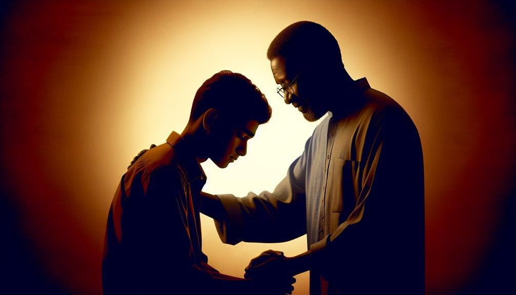 A father showing understanding and forgiveness to his remorseful son.