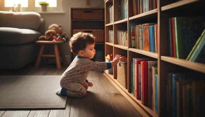 A 10-month-old baby trying to pull things off of a bookcase.