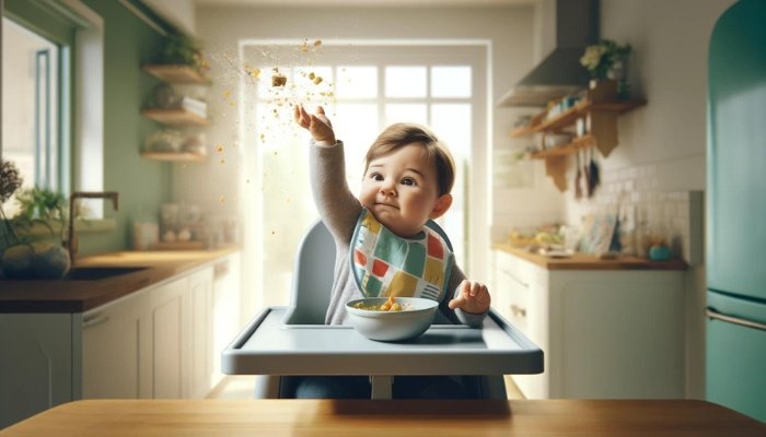 A 9-month-old baby throwing handfuls of food from the bowl on her highchair.