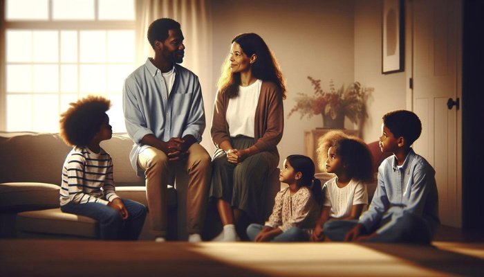 A blended family having a family meeting in their living room.