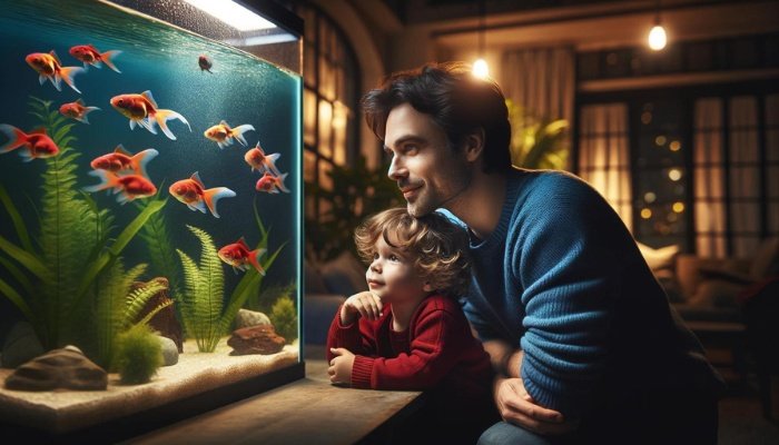 A father and his young son watching their goldfish.