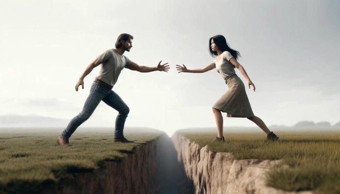 A man and woman reaching for each other across a gap in the ground.