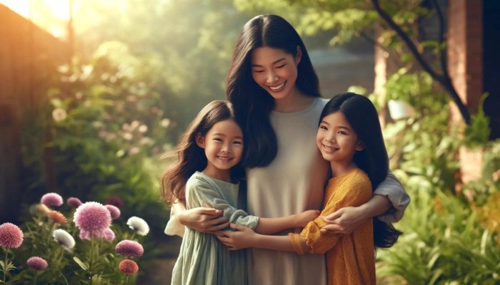A young mother hugging her two daughters in the middle of a flower garden.