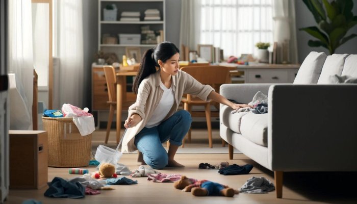 A young mother beginning to tidy and clean her messy living room.