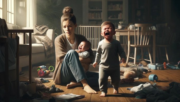 An overwhelmed young mother in a messy room with two crying children.