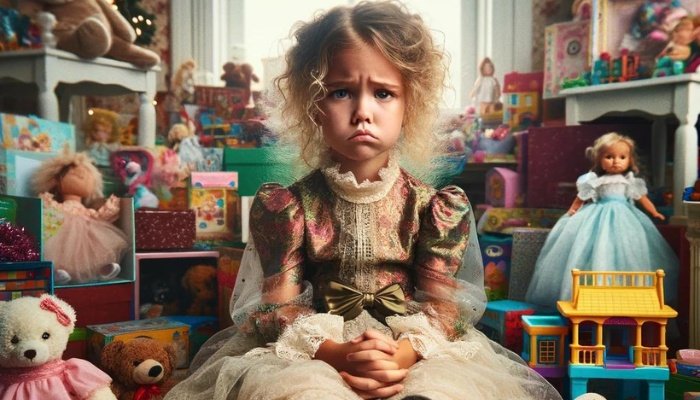 A spoiled little girl surrounded by toys but is still unhappy.