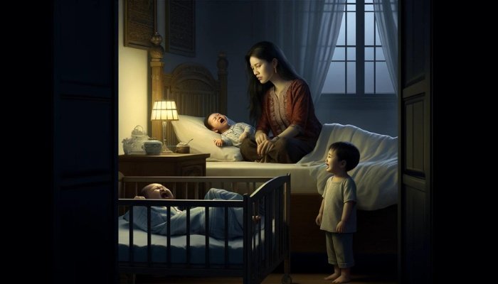 A tired mother experiencing mom burnout sitting on her bed surrounded by three crying children.