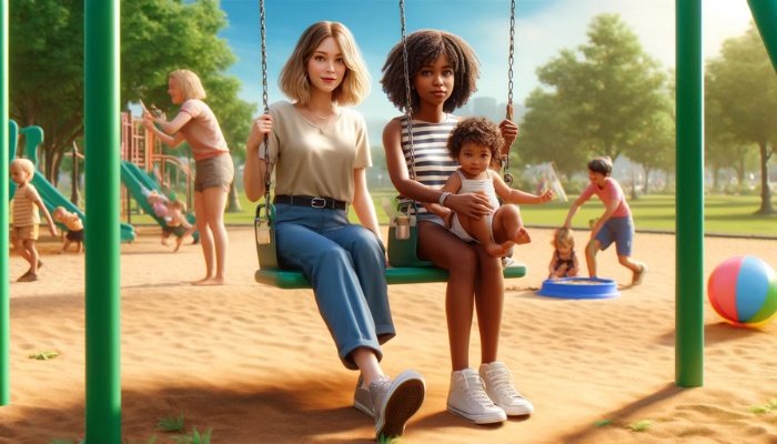Two young mothers sitting on swings at a playground while their children play.